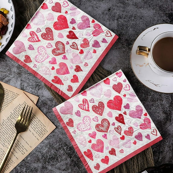 20 PCS Valentines Paper Napkins Watercolor Heart Disposable Napkins for Tableware Decor Party Supplies