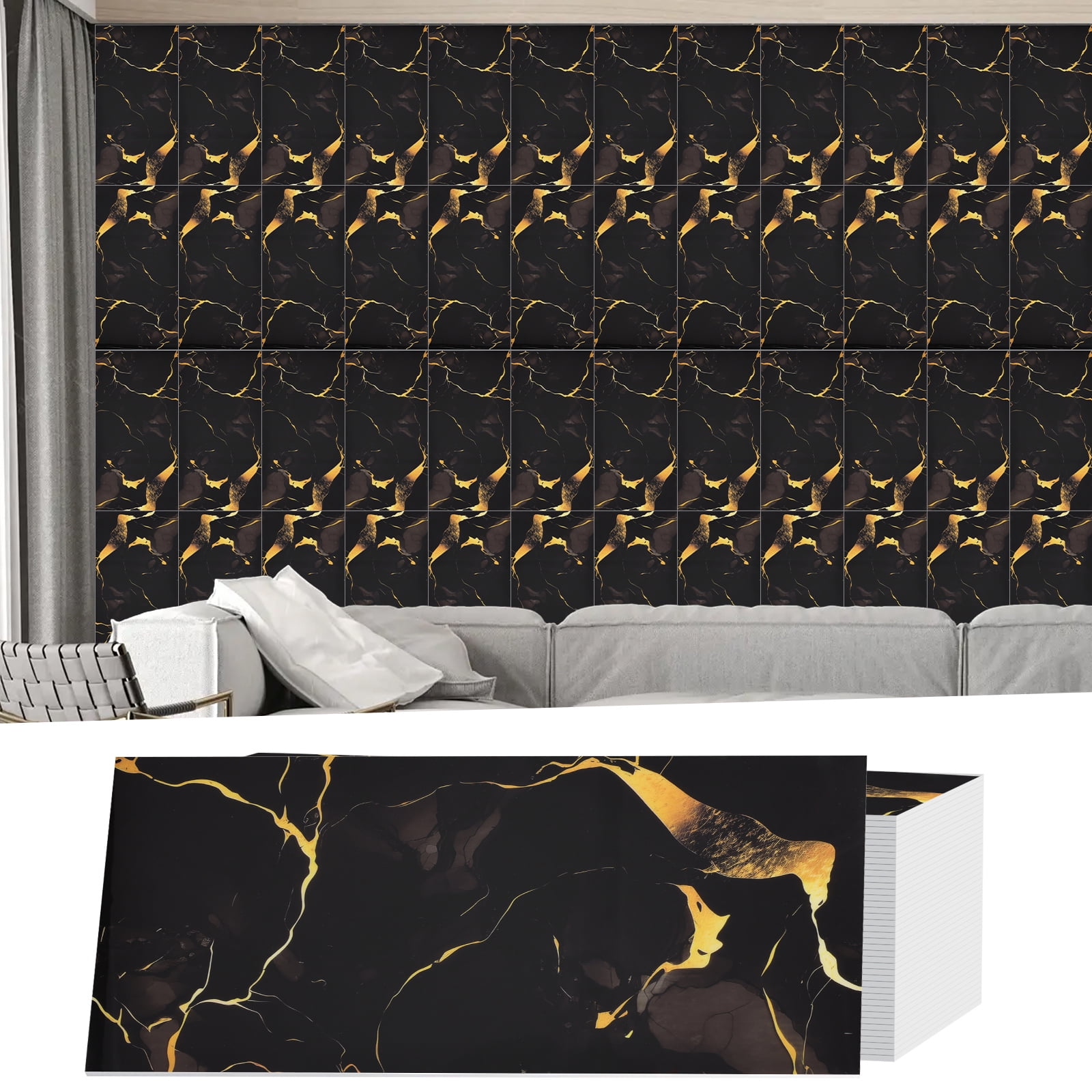 20PCS Waterproof Marble Peel and Stick Backsplash Washroom Wall Panels, Peel and Stick Tile, PVC Wall Panels for Kitchen Bathroom Living Room Bedroom Not Real Tile Black