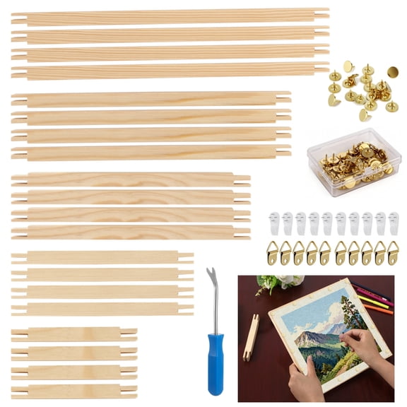 20PCS Wooden Canvas Stretcher Bars with Tacks Remover, 100PCS Thumb Tacks, Storage Box, Non-Trace Hooks, 6.0 8.0 10.0 12.0 14.0 in Stretcher Bars for Needlework, Wood Frame for Embroidery Stitch