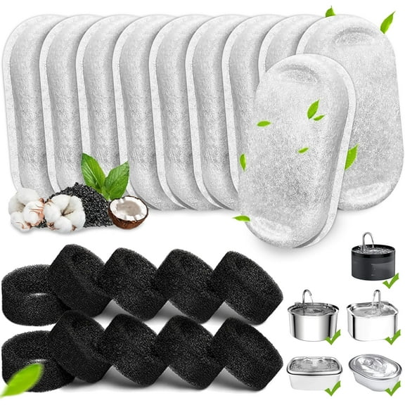 20Pack Cat Water Fountain Filters, Cat Fountain Replacement Filters for Stainless Steel 108oz/3.2L& 67oz/2L adjustable Water Flow Pet Water Fountain,Dog Water Fountain Filters10 Filters& 10 Sponges)