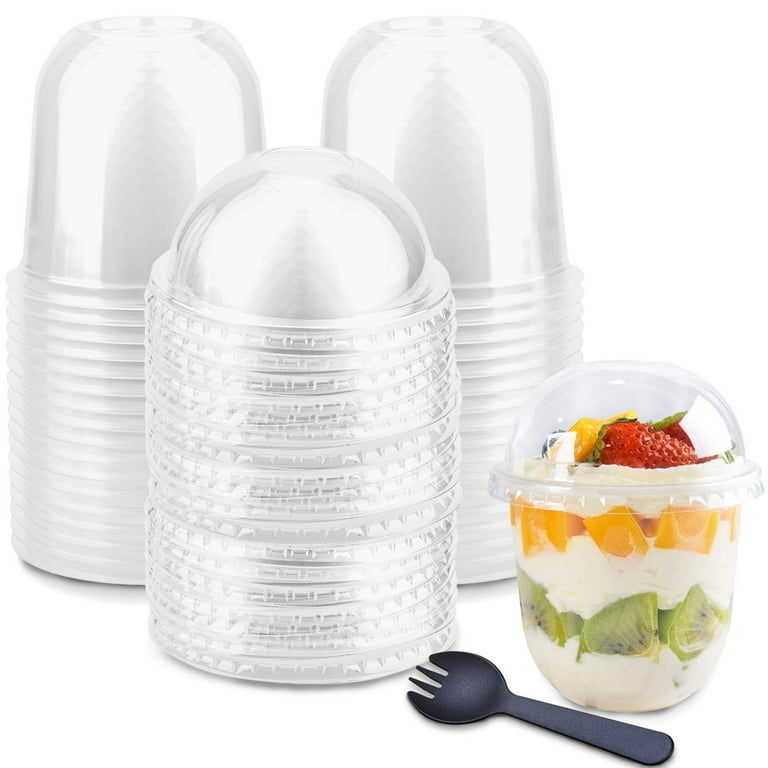 9 oz Clear Plastic Cups with Lids & Sporks – (50 Sets) Plastic Cups  Disposable with Lids (NO HOLE) for Parfait/Salad/Fruit, Plastic Dessert Cups,  Clear Disposab…