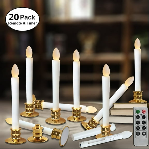 20Pack Flameless Taper Candles with Remote and Timer Electric LED Window Candles with Holders Holiday Wedding Party Decoration - Gold Base