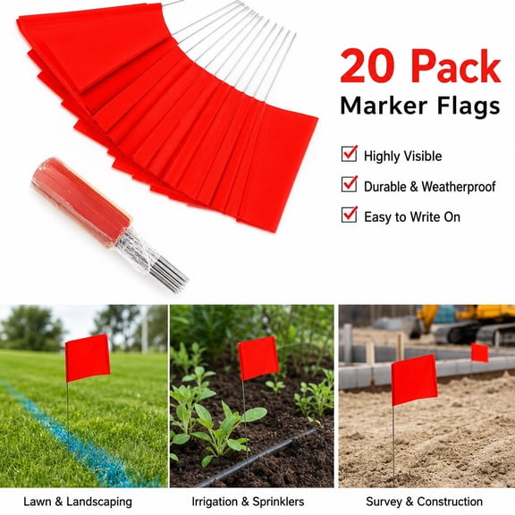 20Pack Fluorescent Red Marking Flags, Writable | Marker Flags , Lawn Flags, Landscape Flags, Marker Flags for Lawn, Survey Flags, Irrigation Flags, Sprinkler Flags, Survey Flag