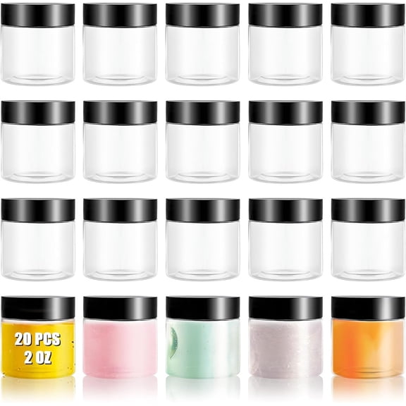20Pack Plastic Container Jars with Black Lids,Leak-proof Lotions Storage Containers,Refillable Empty Storage Jars,Clear Round Slime Containers,for Home Travel DIY Making 2oz