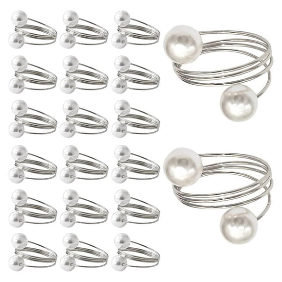 20Pack Silver Napkin Rings, Pearl Napkin Ring Set, Metal Spring Napkin Holder Table Decorations, Napkin Ring Buckles