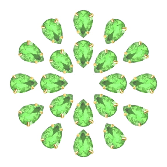 20Pack Teardrop Sew on Rhinestone - 10x7mm Glass Teardrop Crystal Rhinestones in Gold Prong Setting (Grass Green)