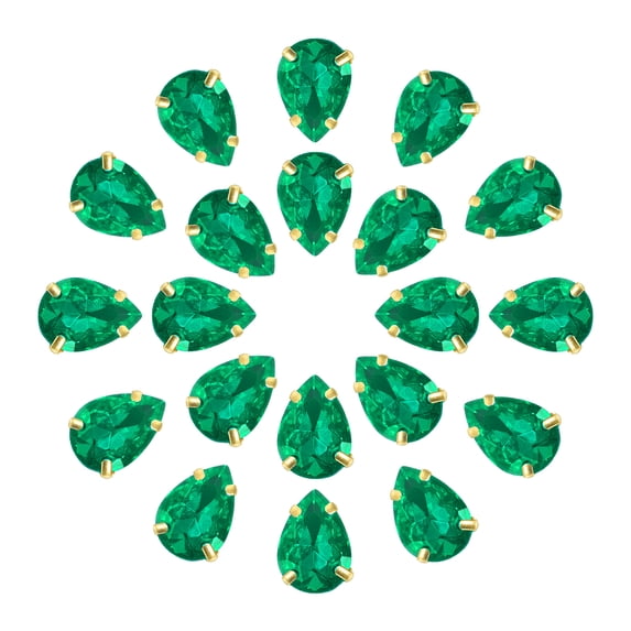 20Pack Teardrop Sew on Rhinestone - 10x7mm Glass Teardrop Crystal Rhinestones in Gold Prong Setting (Green)