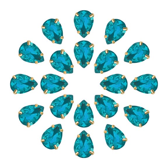 20Pack Teardrop Sew on Rhinestone - 10x7mm Glass Teardrop Crystal Rhinestones in Gold Prong Setting (Lake Blue)