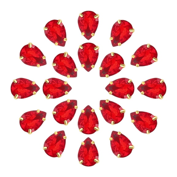 20Pack Teardrop Sew on Rhinestone - 14x10mm Glass Teardrop Crystal Rhinestones in Gold Prong Setting (Bright Red)