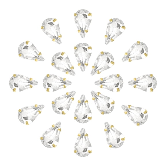 20Pack Teardrop Sew on Rhinestone - 8x5mm Glass Teardrop Crystal Rhinestones in Gold Prong Setting (White)