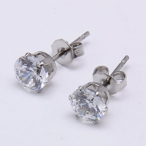 20Pair Cubic Zirconia Ear Studs with 304 Stainless Steel Base Flat Round Silver 5mm Pin: 0.7mm