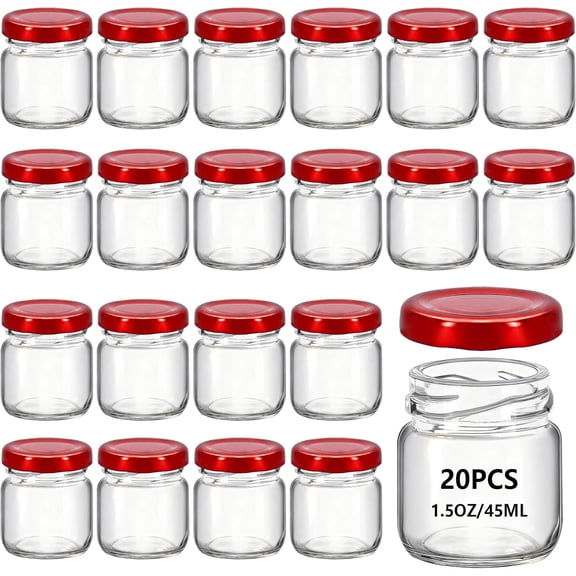 20Pcs 1.5oz Mini Glass Round honey Jars, Jam Honey DipperWedding FavorsBaby FoodCandleCrafts Canning JarGlasses jar 45ml (20, Red lid, Mini)