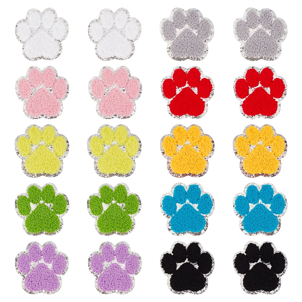 20Pcs 10 Colors Computerized Embroidery Cloth Iron on/Sew on Patches Costume Accessories Paw Print with Sequin Mixed Color 60x60x2mm 2pcs/color