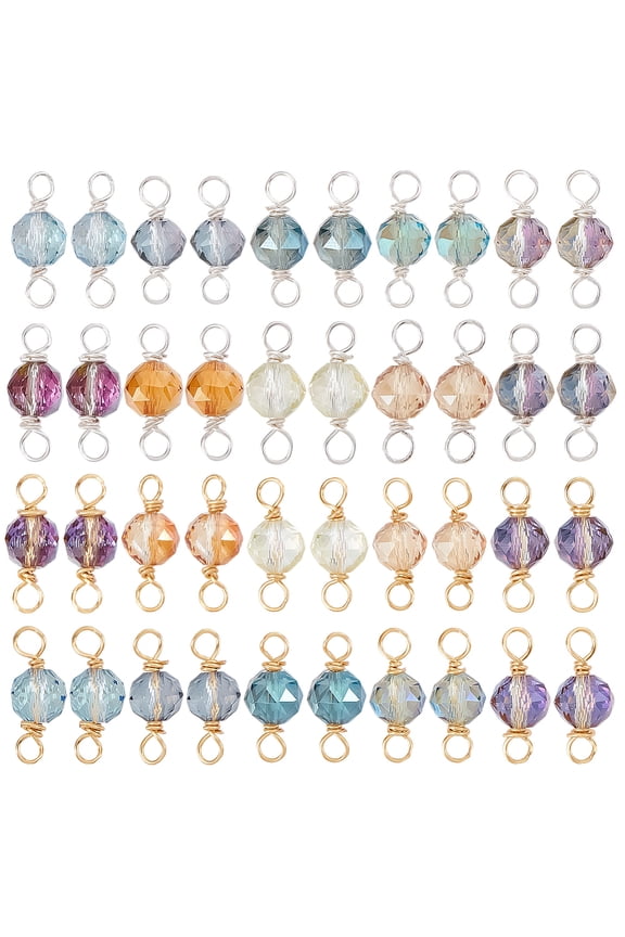 20Pcs 10 Colors Faceted Round Glass Connector Charms with Copper Wire Double Loops Mixed Color Golden Silver 20mm 2pcs/color for DIY