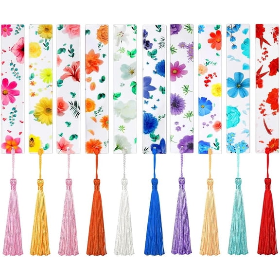 20Pcs 10 Colors Floral Acrylic Bookmarks Flower Bookmark with Tassel Polyester Colorful Pattern Rectangle 5.5 x 0.98 Inch Dangle Decorative