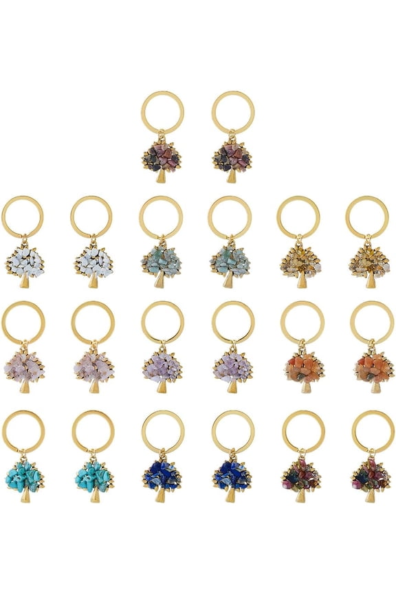20Pcs 10 Colors Tree of Life Keychain Bulk Chip Gemstone Keychain Natural Crystal Stone Keyrings Tibetan Gold Keychains for DIY Lucky Bag Ornament Weddings Showers Favours DIY
