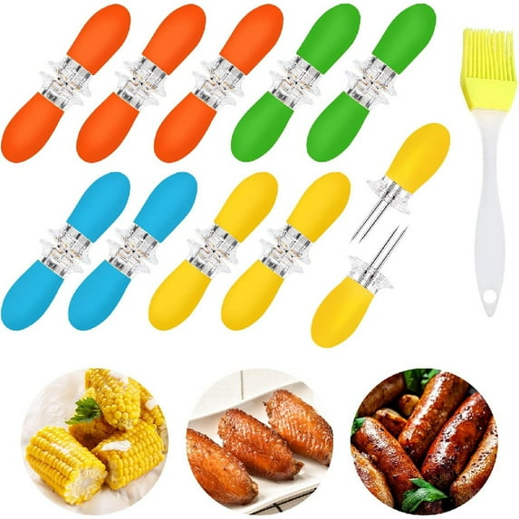 20Pcs/10 Pairs Stainless Steel Corn Cob Holders BBQ Forks Skewers Corn on The Cob with 1 Oil Brush for Home Cooking Parties Camping