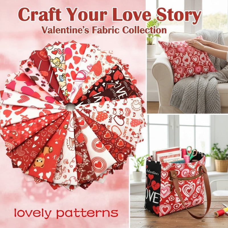 20Pcs 10" Polyester Fabric Squares, No Repeat Charm Pack, DIY Sewing Quilting Craft Supplies, Valentine's Day Heart Precuts