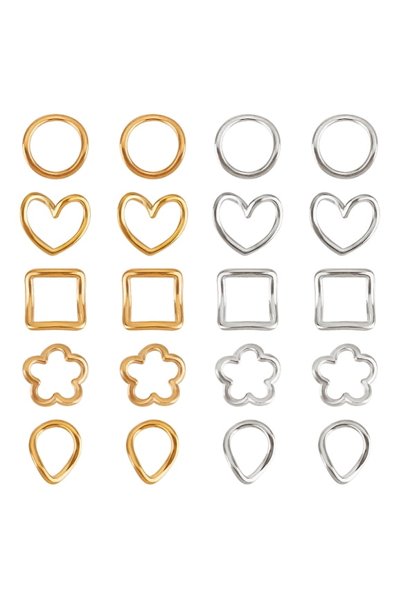 20Pcs 10 Style 304 Stainless Steel Linking Rings Twisted Round Ring Square Flower Teardrop Heart Golden Stainless Steel Color