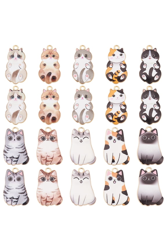20Pcs 10 Style Alloy Enamel Pendants Light Gold Cat Mixed Color 25x14~16x2.3~3mm Hole: 1.6~1.8mm 2pcs/style