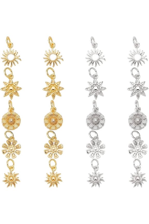 20Pcs 10 Style Brass Charms with Jump Ring Cadmium Free & Lead Free Sun & Flower & Sunflower Real Gold Plated & Real Platinum Plated 10.5~12x8~9x2mm Hole: 3mm 2pcs/style