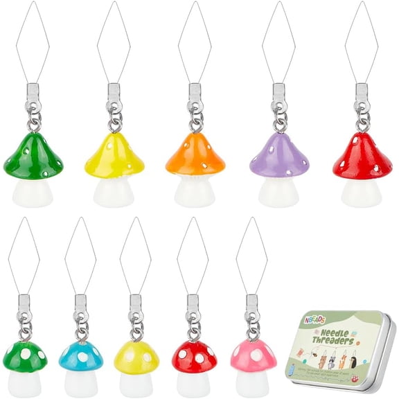20Pcs 10 Style Mushroom 304 Stainless Steel Threader Sewing Thread DIY Tools Quilting Fittings with Plastic Pendants Mixed Color 50~56mm 2pcs/style