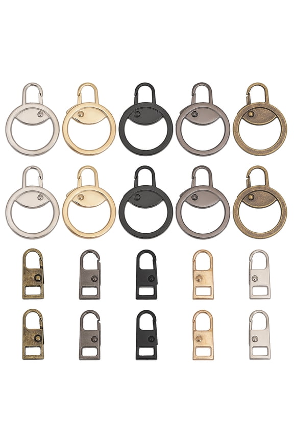 20Pcs 10 Style Zinc Alloy Zipper Puller Garment Accessories Flat Round Mixed Color 2.6-3.8x1.1-2.8x0.35-0.4cm Hole: 4-9x6.5-7mm 2pcs/style
