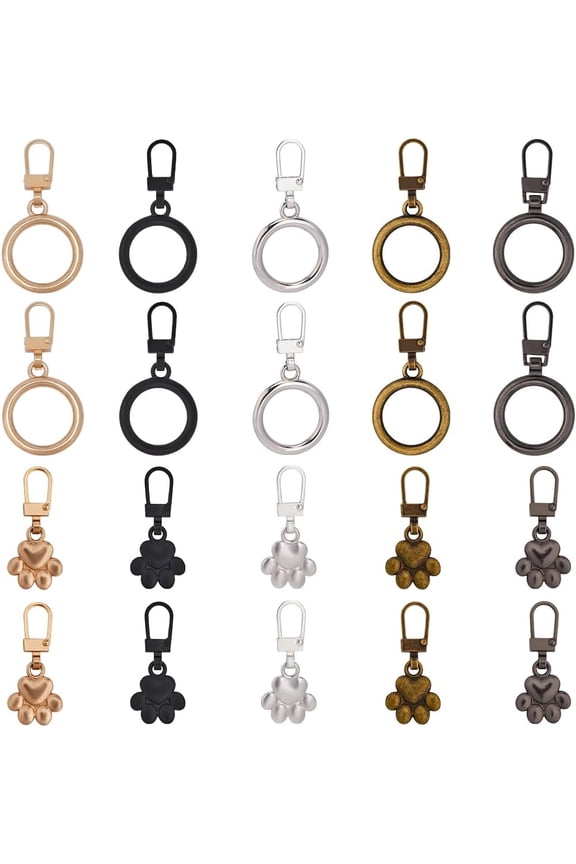 20Pcs 10 Styles Alloy Zipper Puller Garment Accessories Paw Print/Round Ring Mixed Color 38~45mm 2pcs/style