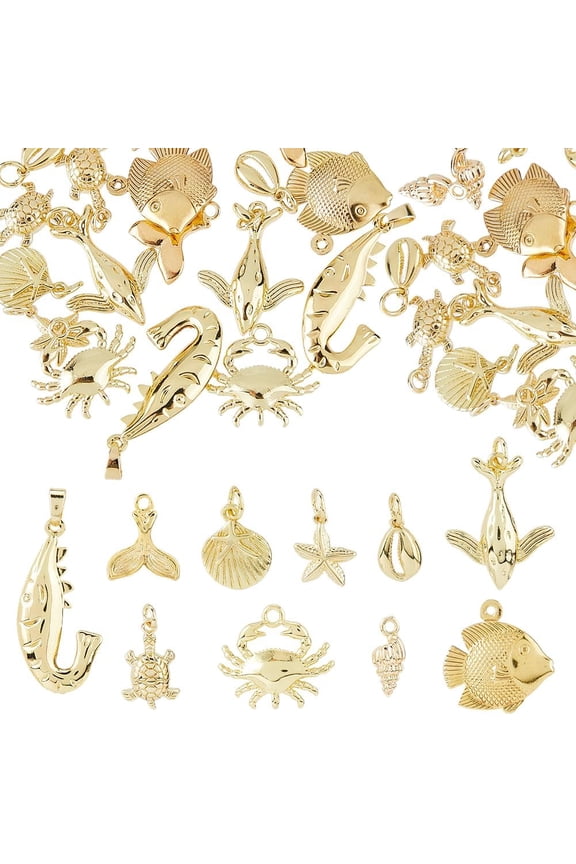 20Pcs 10 Styles Brass Ocean Theme Charms 18K Gold Plated Sea Creatures Pendant Seashell Turtle Starfish Seahorse Pendants For Jewerly Crafts Making DIY Gold