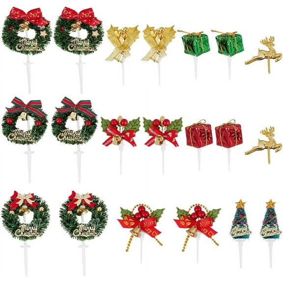 20Pcs 10 Styles Christmas Cupcake Topper Holiday Cake Toppers Plastic Winter Xmas Tree Wreath Cherry Leaf Deer Dessert Cakes Topper