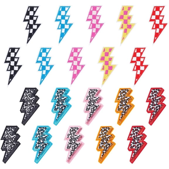 20Pcs 10 Styles Computerized Embroidery Cloth Iron on/Sew on Patches Costume Accessories Appliques Lightning Bolt Leopard Print Tartan Craft