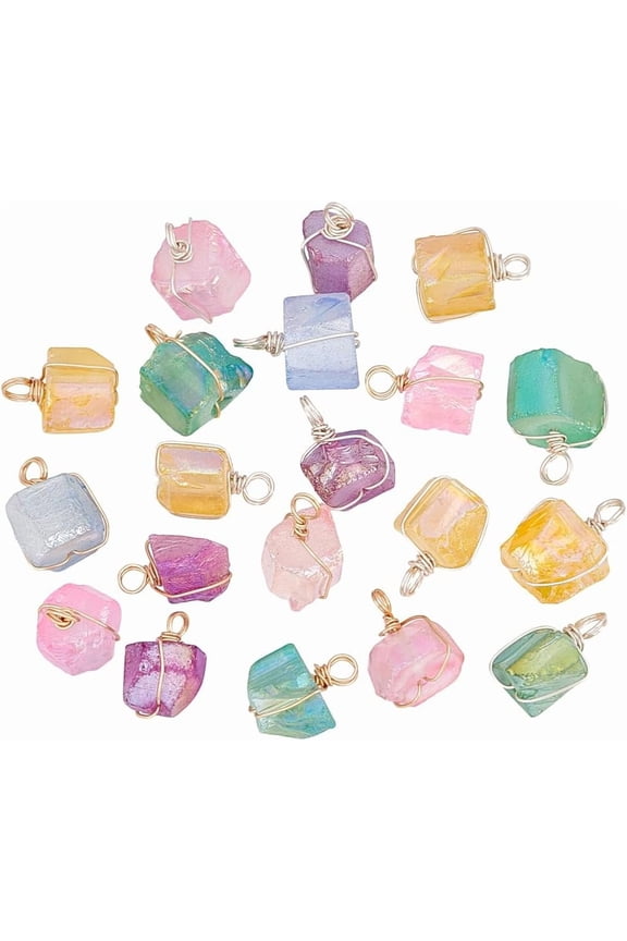20Pcs 10 Styles Electroplated Natural Quartz Nuggets Pendants Copper Wire Wrapped Irregular Shaped Charms Mixed Color Golden & Silver 19.5x10x11.5mm Hole: 3.5mm 2pcs/style