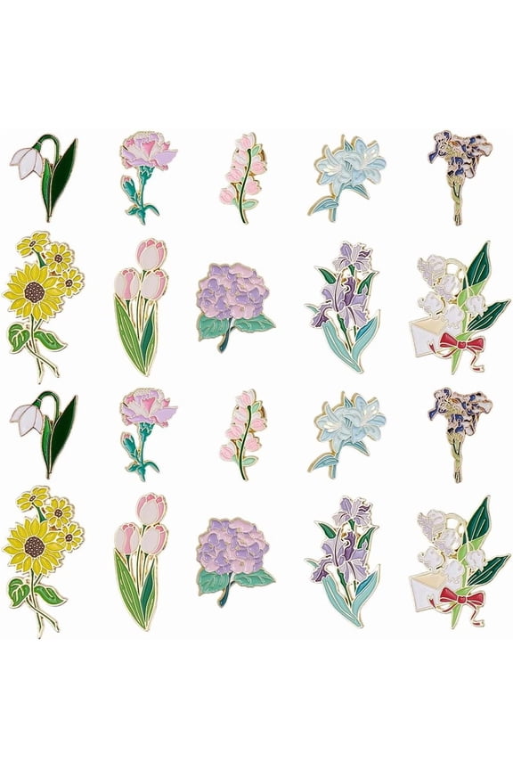 20Pcs 10 Styles Flower Enamel Pins Flowers Brooch Pin Bulk Metal Alloy Cartoon Plants Floral Sunflower Tulip Lapel Brooches for Badges Clothing Jacket Bags Decoration Accessories for diy making