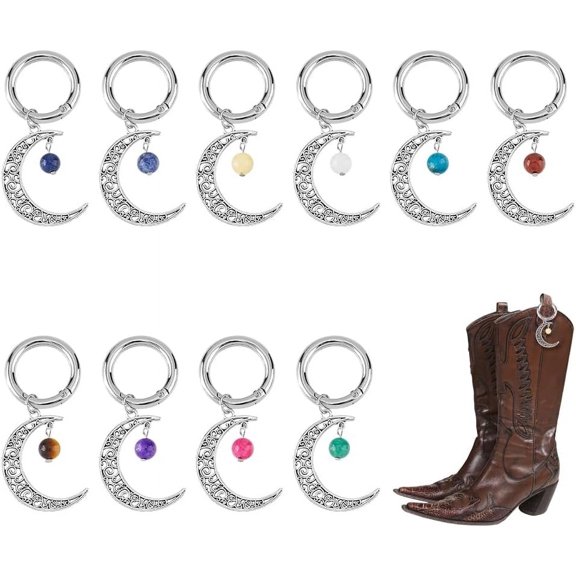 20Pcs 10 Styles Hollow Moon Shoe Charms Tibetan Style Gemstone Bead Charms with Spring Gate Rings Platinum Keychain Hanging Ornaments for Bag Purse Shoes Decorations Antique Silver