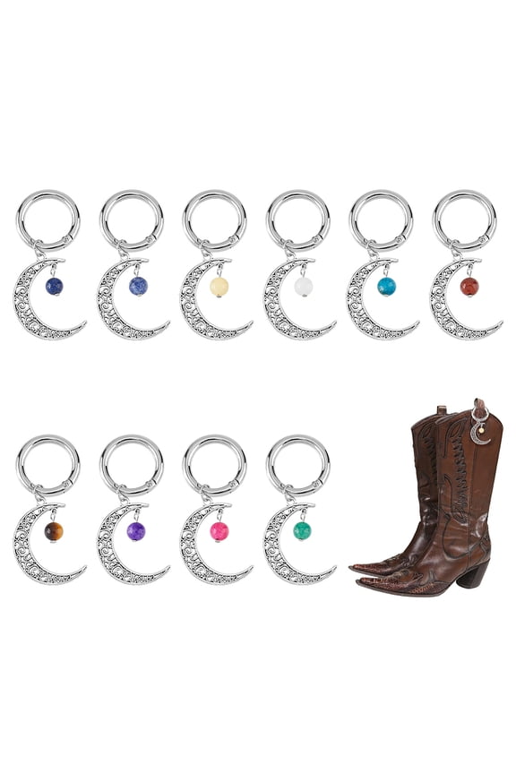20Pcs 10 Styles Hollow Moon Shoe Charms Tibetan Style Gemstone Bead Charms with Spring Gate Rings Platinum Keychain Hanging Ornaments