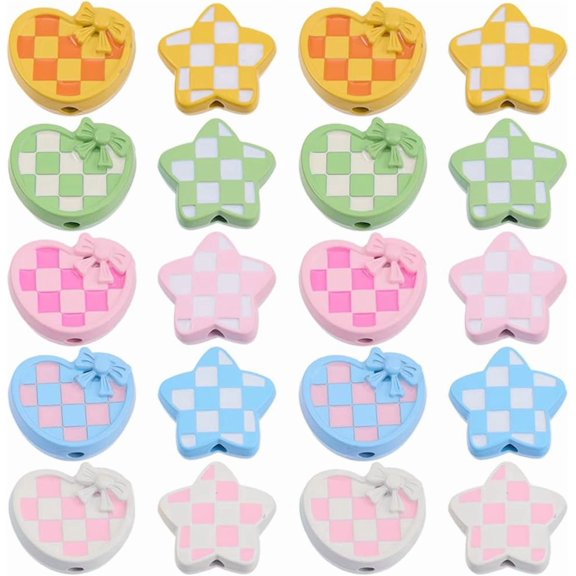 20Pcs 10 Styles Hounds Tooth Pattern Paint Alloy Beads Star Heart Hounds Tooth Pattern Mixed Color 12.5~13.5x14~14.5x5~5.5mm