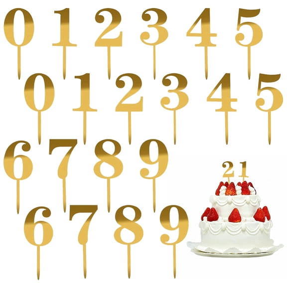 20Pcs 10 Styles Number Acrylic Mirror Effect Cake Toppers Cake Insert Cards for Cake Decoration Gold 147-156x50-60x1mmm 2pcs/style