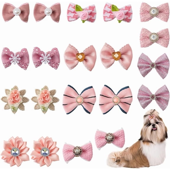 20Pcs 10 Styles Pink Dog Clips Small Pet Hair Bows Cloth Rhinestone Pearls Grooming Flower Ball Puppy Handmade Bowknot Ties Pink