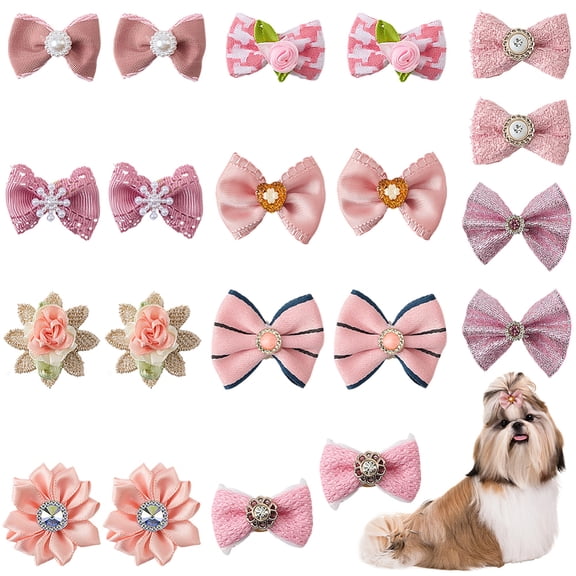 20Pcs 10 Styles Pink Dog Clips Small Pet Hair Bows Cloth Rhinestone Pearls Grooming Flower Ball Puppy Handmade Bowknot Ties with Stretchy Hoop