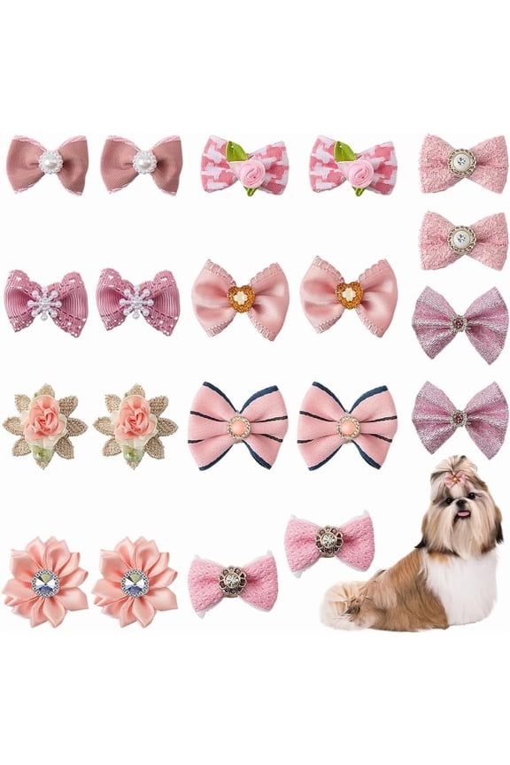 20Pcs 10 Styles Pink Dog Clips Small Pet Hair Bows Cloth Rhinestone Pearls Grooming Flower Ball Puppy Handmade Bowknot Ties