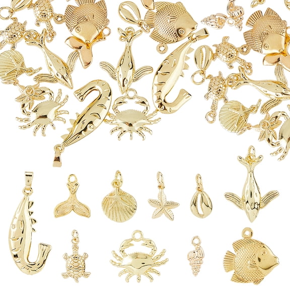 20Pcs 10 Styles Sea Animals Brass Pendants Long-Lasting Plated Mixed Shapes Real 18K Gold Plated 10.5~28x5~18x2~4.5mm Hole: 1.2~5mm 2Pcs/style