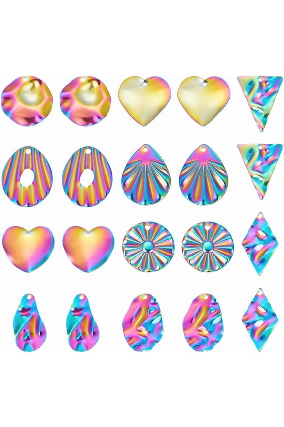 20Pcs 10 Styles Stainless Steel Geometry Pendants Metal Textured Rainbow Color Geometric Drop Dangle Charms Triangle Oval Charms for DIY Earrings Jewelry Making