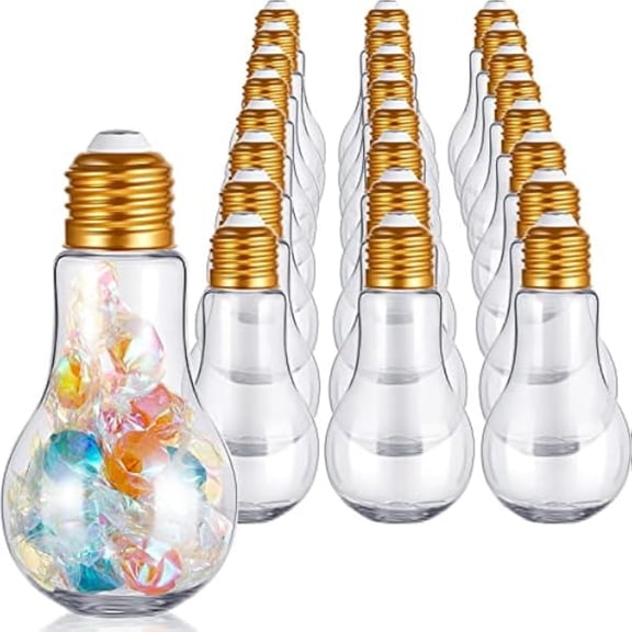 20Pcs 100 ml Plastic Light Bulb Jars Clear Candy Containers for Party Favors with Labels and Strings Fillable Lightbulb Jar Ornaments for Wedding Party Drink DIY Crafts, Gold
