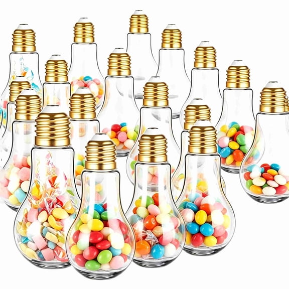 20Pcs 100 ml Plastic Light Bulb Jars Clear Candy Containers for Party Favors with Labels and Strings Fillable Lightbulb Jar Ornaments for Wedding Party Drink DIY Crafts, Gold