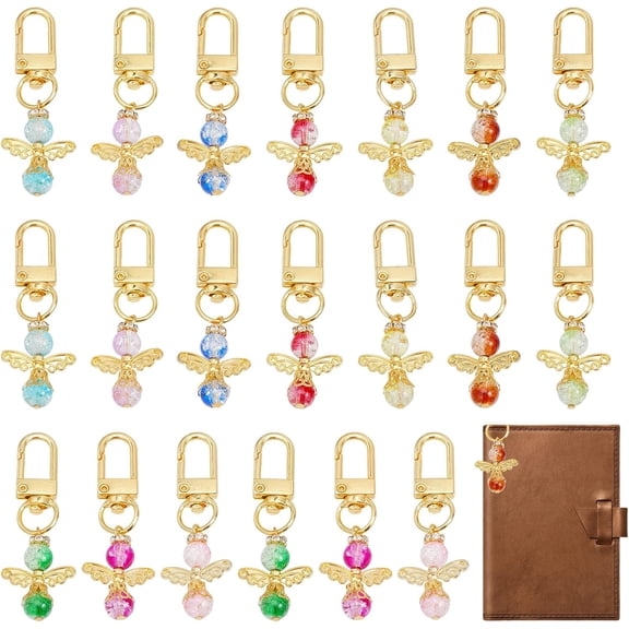 20Pcs 10Colors Angel Wing Charm Painted Two Tone Glass Beads Planner Charm with Alloy Swivel Clasps for Keychain Bag Decoration DIY Craft Mixed Color Mixed Color