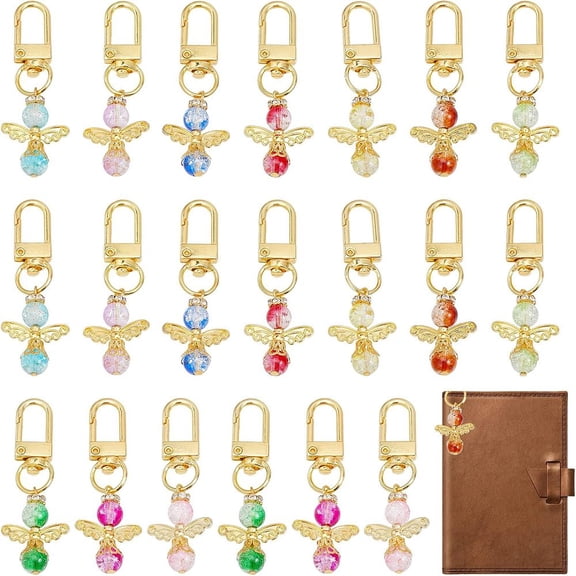 20Pcs 10Colors Angel Wing Charm Painted Two Tone Glass Beads Planner Charm with Alloy Swivel Clasps for Bag Decoration DIY Craft Mixed Color