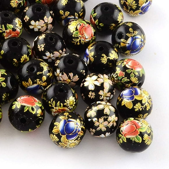 20Pcs 12mm Transparent Glass Round Beads Colored Drawing Flower Picture Beads for DIY Jewelry Making(Black Mixed Model)