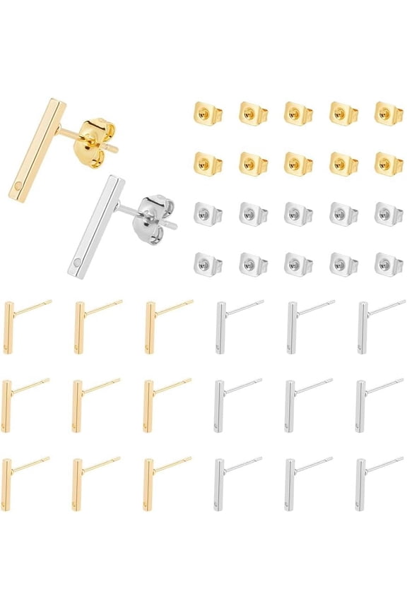20Pcs 18K Gold Plated Stud Earring Findings 2 Colors Rectangle Ear Stud Metal Start Earring with 20Pcs Metal Ear Nuts and Loop 12.5mm Long for DIY Earring Jewelry Making