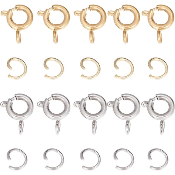 20Pcs 2 Clolors 304 Stainless Steel Smooth Surface Spring Ring Clasps with 20Pcs 2 Colors 304 Stainless Steel Open Jump Rings Mixed Color for DIY