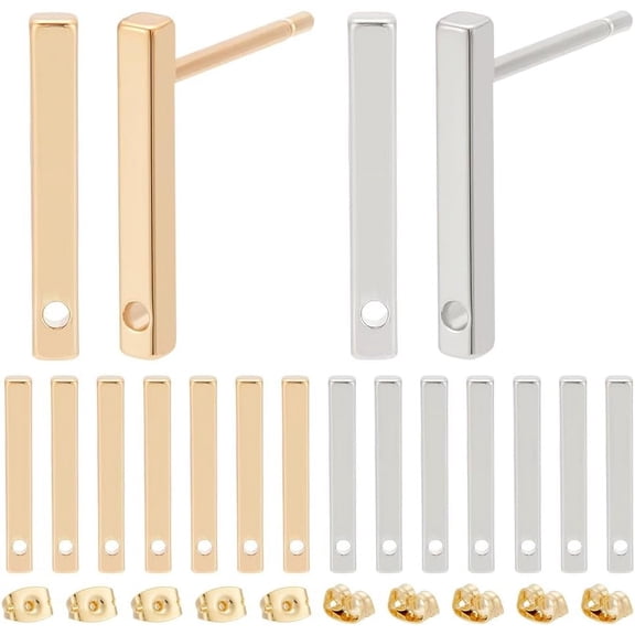 20Pcs 2 Color 18K Real Gold Plated Brass Stud Earring Bar Ear Stud Stick Minimalist Geometric Earring Posts with 20Pcs Brass Ear Nuts for Women Gifts Festival Favors